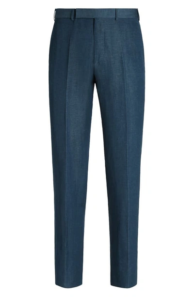 Zegna Trofeo Wool & Linen Pants In Dark Teal Blue
