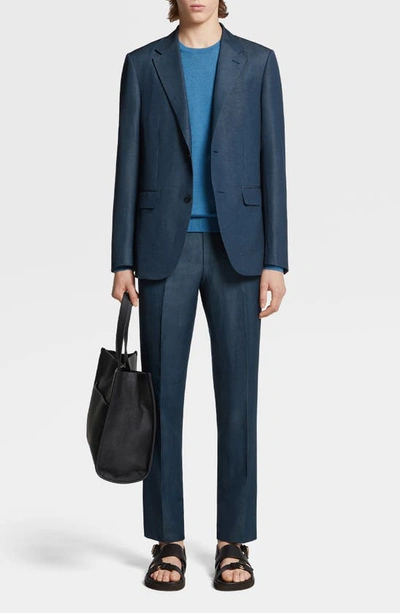 Zegna Trofeo Wool & Linen Pants In Dark Teal Blue