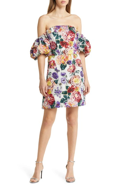 Shop Marchesa Notte Floral Puff Sleeve Fil Coupé Cocktail Dress In Ivory Floral