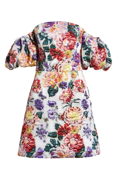 Shop Marchesa Notte Floral Puff Sleeve Fil Coupé Cocktail Dress In Ivory Floral