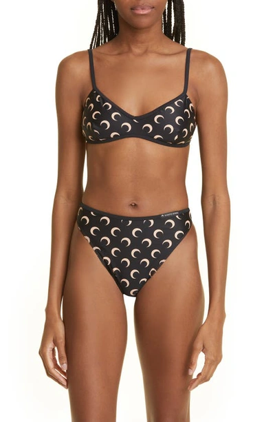 Shop Marine Serre Moon Print Two-piece Swimsuit In All Over Moon Tan On Black