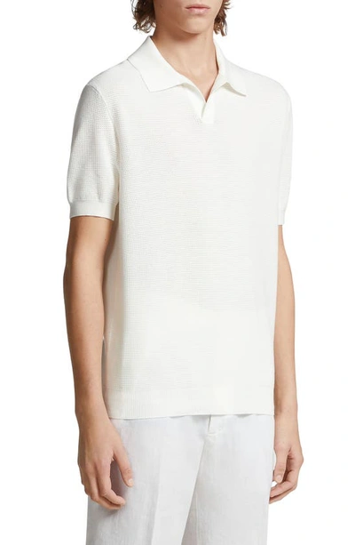 Shop Zegna Waffle Knit Premium Cotton Polo Sweater In White