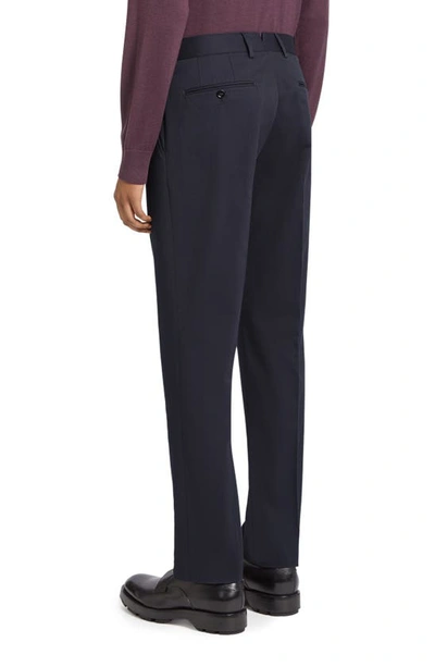 Zegna Flat Front Stretch Cotton Gabardine Trousers In Navy