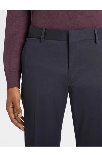 Zegna Flat Front Stretch Cotton Gabardine Trousers In Navy