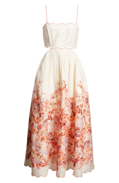 Shop Zimmermann Devi Floral Scallop Detail Linen Dress In Cream Floral