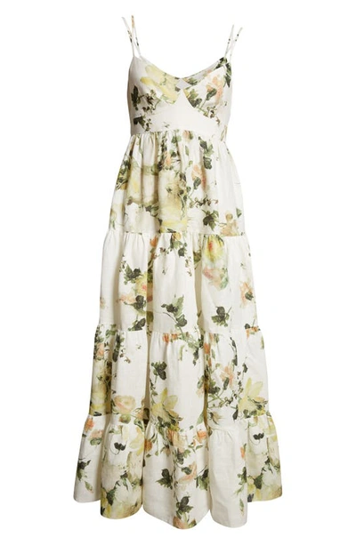 Shop Erdem Floral Print Tie Strap Linen Maxi Dress In Painted Bouquet White