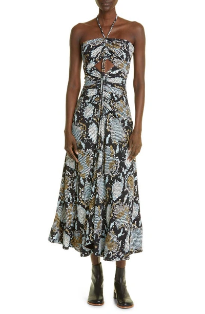 Shop Proenza Schouler Ruched Snakeskin Print Halter Neck Dress In Black Multi