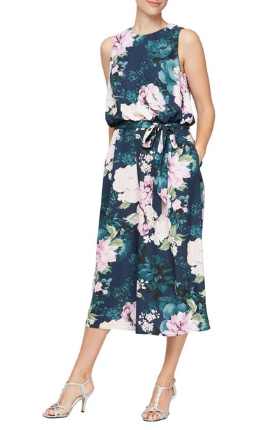 Shop Sl Fashions Floral Print Waist Tie Jumpsuit In Navy Multi