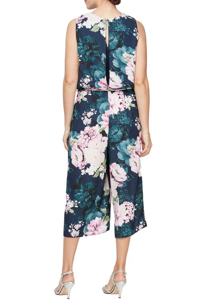 Shop Sl Fashions Floral Print Waist Tie Jumpsuit In Navy Multi