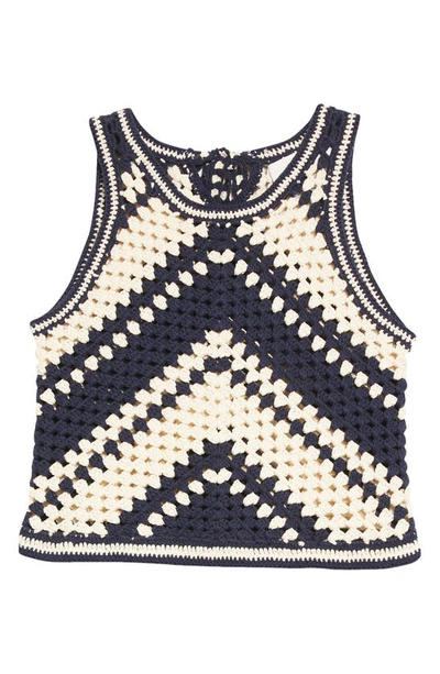Shop Zimmermann Chintz Cotton Crochet Crop Top In Cream/ Navy