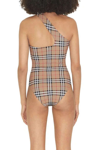 Shop Burberry Candace Check One-shoulder One-piece Swimsuit In Archive Beige Ip Chk