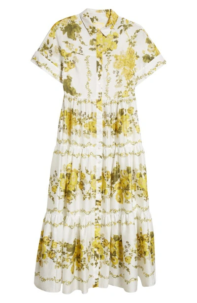 Shop Erdem Helena Floral Print Tiered Cotton Poplin Dress In Soft Blossom Yellow