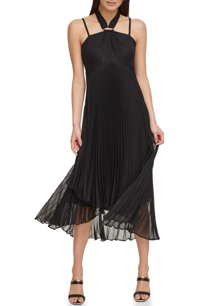 Shop Dkny Pleated Halter Neck High-low Dress In Black