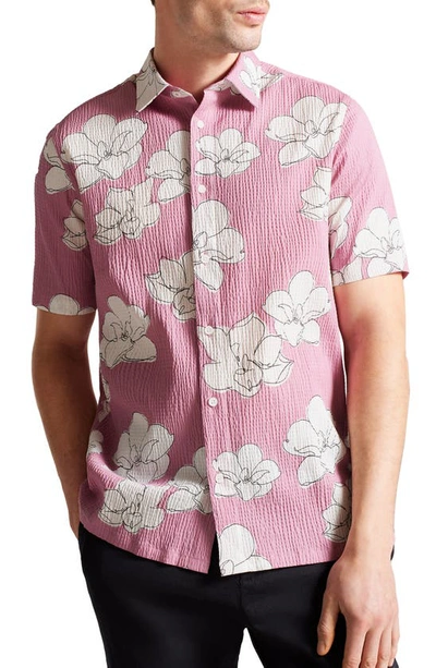 Shop Ted Baker Coving Floral Cotton Stretch Seersucker Short Sleeve Button-up Shirt In Mid Pink
