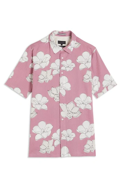 Shop Ted Baker Coving Floral Cotton Stretch Seersucker Short Sleeve Button-up Shirt In Mid Pink