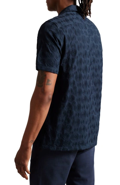 Shop Ted Baker Allbury Embroidered Short Sleeve Cototn Button-up Shirt In Navy