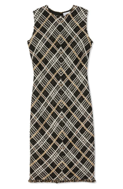 Shop St John Sparkle Plaid Tweed Knit Sheath Dress In Black/ Ecru/ Gold Multi
