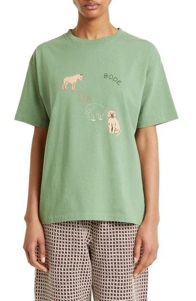 Shop Bode Tiny Zoo Embroidered Cotton T-shirt In Ivy