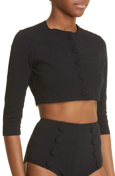 Shop Lisa Marie Fernandez Crop Seersucker Cover-up Cardigan In Black