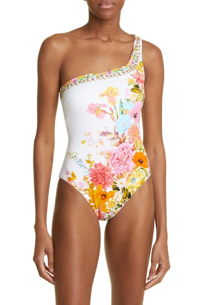 Shop Camilla Floral Crystal Embellished One-shoulder One-piece Swimsuit In Sunlight Symphony