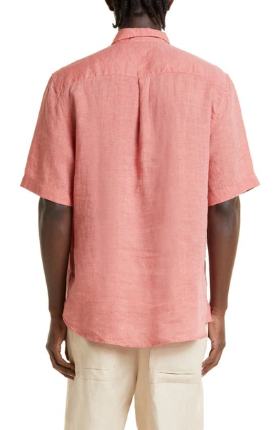 Shop Sunspel Short Sleeve Linen Button-up Shirt In Burnt Sienna23