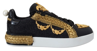 Shop Dolce & Gabbana Black Gold Baroque Portofino Leather Sneakers Women's Shoes