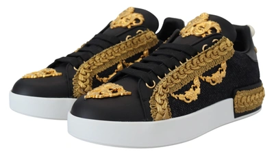 Shop Dolce & Gabbana Black Gold Baroque Portofino Leather Sneakers Women's Shoes