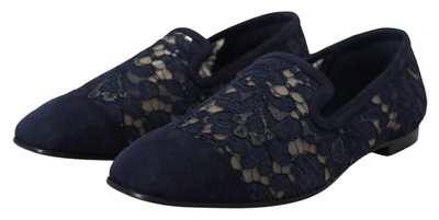 Shop Dolce & Gabbana Blue Floral Lace Slip Ons Loafers Flats Women's Shoes