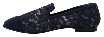 Shop Dolce & Gabbana Blue Floral Lace Slip Ons Loafers Flats Women's Shoes