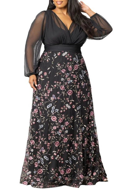 Kiyonna Isabella Embroidered Skirt Long Sleeve Gown In Moonlit Garden