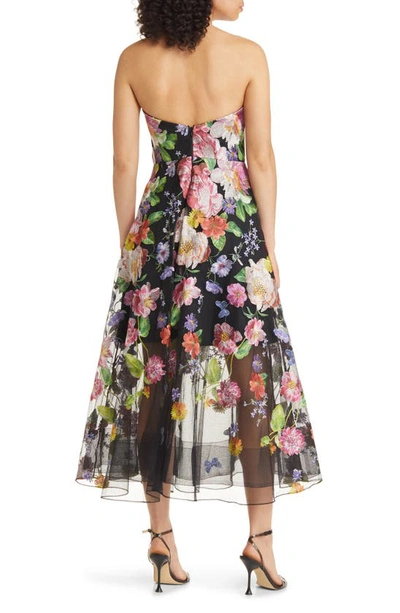 Shop Marchesa Notte Floral Embroidered Strapless Cocktail Dress In Black/ Pink