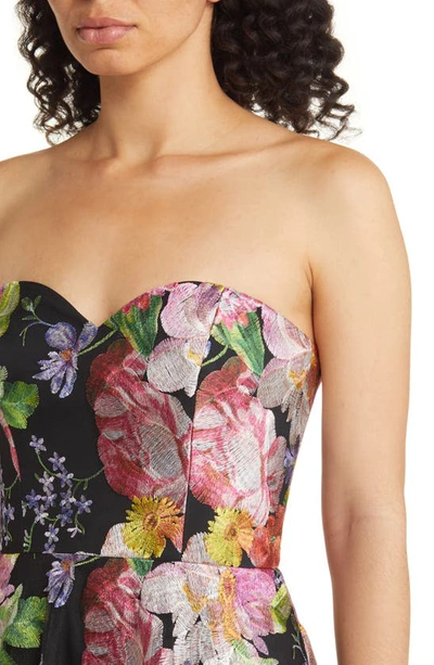 Shop Marchesa Notte Floral Embroidered Strapless Cocktail Dress In Black/ Pink