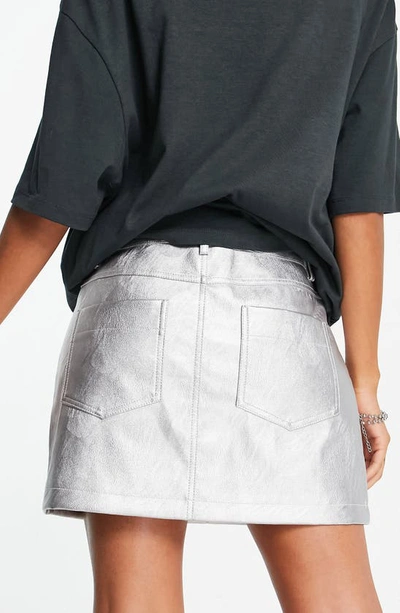 Topshop Leather Look Denim Styling Mini Skirt In Metallic Silver In Silver