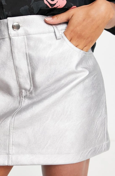 Topshop Leather Look Denim Styling Mini Skirt In Metallic Silver In Silver