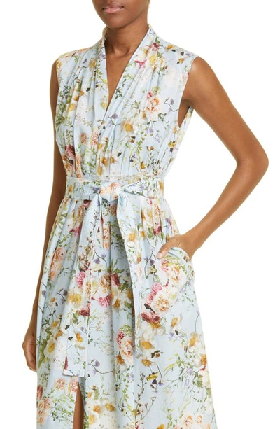 Shop Adam Lippes Floral Print Asymmetric Hem Sleeveless Dress In Pale Blue Floral