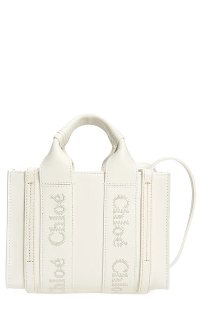 Shop Chloé Mini Woody Leather Tote In White 101