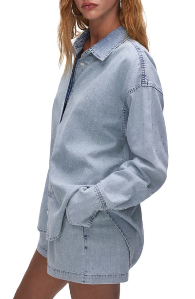 Shop Good American Weekend Rhinestone Oversize Nonstretch Denim Button-up Shirt In Indigo499