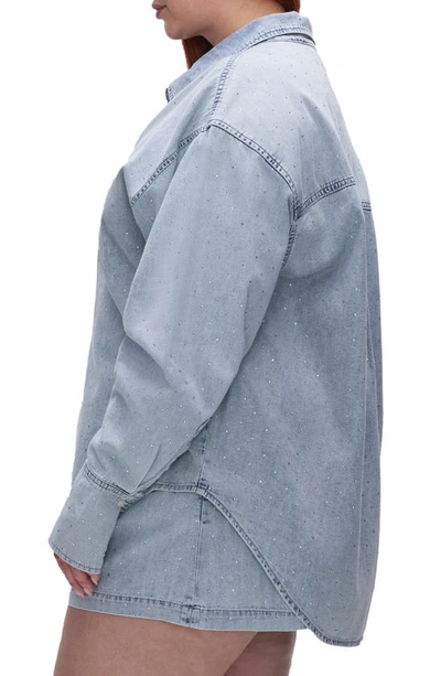Shop Good American Weekend Rhinestone Oversize Nonstretch Denim Button-up Shirt In Indigo499