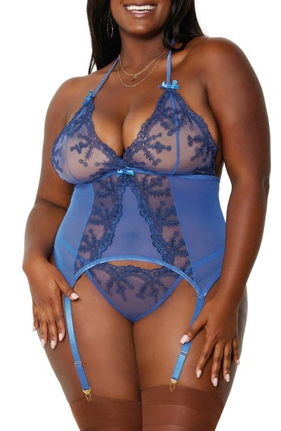 Shop Dreamgirl Lace Trim Mesh Basque With Garter Straps And G-string Thong In Periwinkle