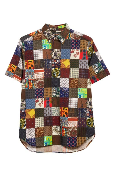 Shop Beams Patchwork Short Sleeve Button-down Popover Shirt In Brown Patchwork