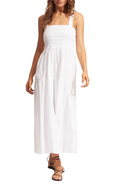 Shop Seafolly Beach House Smocked Cotton Cover-up Dress In White
