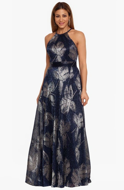 Betsy & Adam Metallic Sleeveless Gown In Navy/ Gun