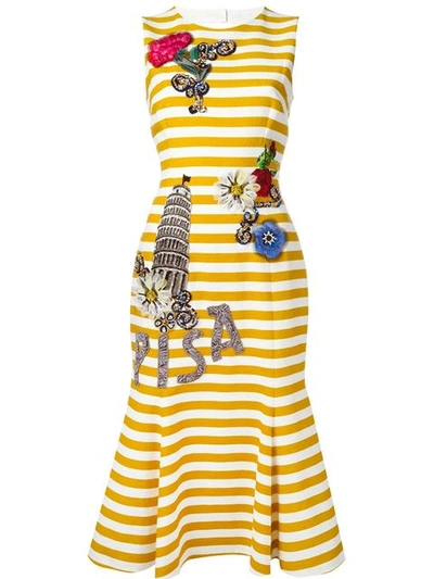 Dolce & Gabbana Pisa Embellished Flare-hem Midi Dress In Yellow-white Stripe