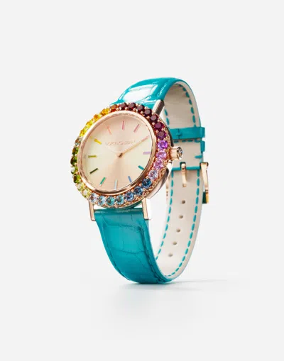 Dolce & Gabbana Iris Watch In Yellow Gold With Multi-colored Fine Gems In Turquoise