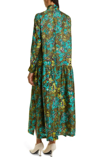 Shop Max Mara Calate Mixed Print Long Sleeve Silk Dress In Olive Green