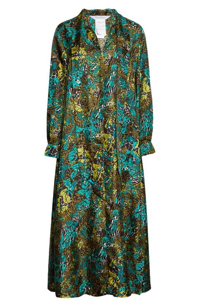Shop Max Mara Calate Mixed Print Long Sleeve Silk Dress In Olive Green