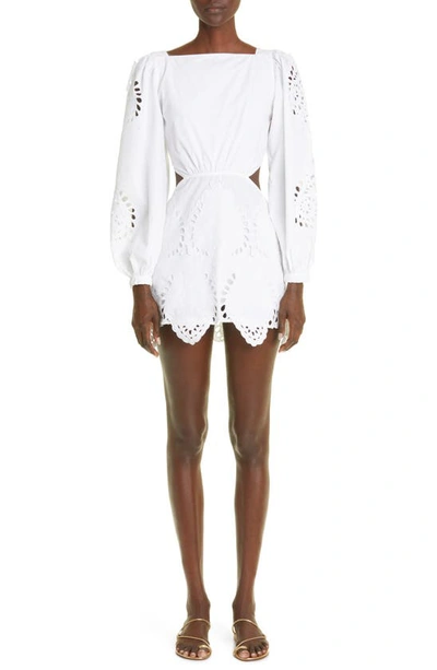 Shop Johanna Ortiz Lunar Relics Long Sleeve Eyelet Embroidered Cotton Minidress In Off White