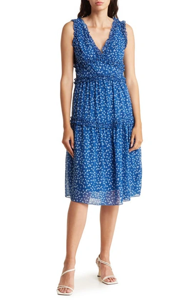 Shop Tash And Sophie Floral Chiffon Dress In Blue/ White