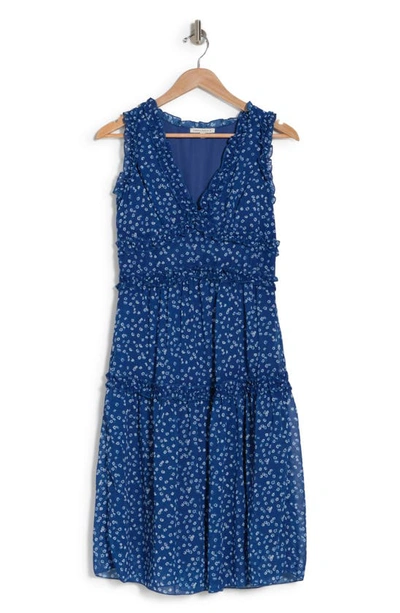Shop Tash And Sophie Floral Chiffon Dress In Blue/ White