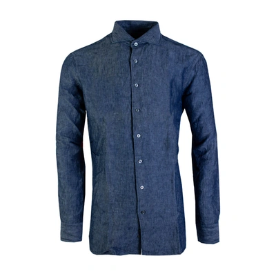 Shop Lardini Denim Effect Linen Men's Shirt In Blue